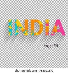 Indian Festival of Colours design for banner, print, poster and card. Happy Holi celebration calligraphy on transparent background. Vector