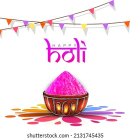 Indian festival of colours, Happy Holi concept with dry colour powder(gulal) in traditional pot on floral(rangoli) against white background.