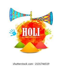 Indian festival of colours, Happy Holi concept with shiny dry colours (gulal) and colourful grung and speakers.