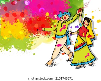 Indian festival of colours, Happy Holi concept with Indian couple in traditional attire and colourful grunge background.