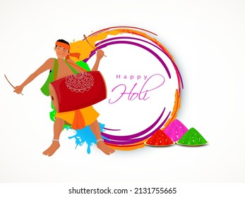 Indian festival of colours, Happy Holi concept with young man playing traditional drum and shiny drycolours(gulal) and space for your text space.