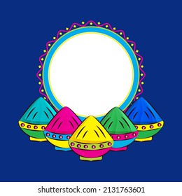Indian festival of colours, Happy Holi Concept, Beautiful dry colours(gulal) traditional pots against blue colour background with your text space.