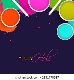 Indian festival of colours, Happy Holi concept with liquid colours in buckets, colourguns(pichkari) against blue background.