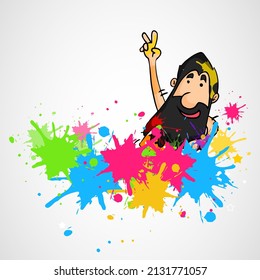 Indian festival of colours, Happy Holi concept with with a man showing peace sign and watercolours stains against white background with text Holi Hain(It's Holi).