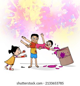 Indian festival of colours, Happy Holi concept with young kids playing with watercolours on colours grunge background. 