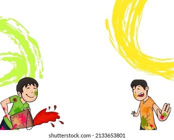 Indian festival of colours, Happy Holi concept with Indian boys playing colors and brush effect against white background.