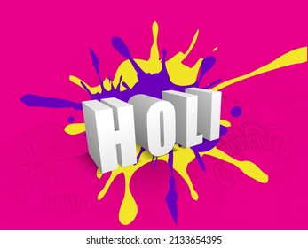 Indian festival of colours, Happy Holi concept with text stylish text, floral design, and colourful splash against yellow colour background. 