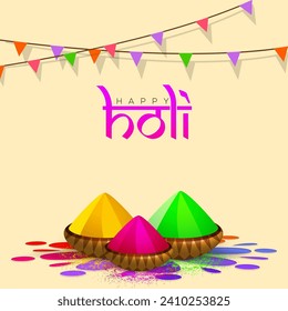 Indian Festival of Colours, Happy Holi Greeting Card with Dry Colors in Bowls on Rangoli Against Beige Background.
