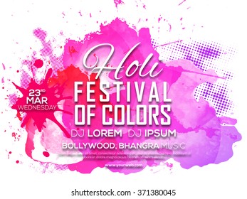 Indian Festival of Colours, Happy Holi celebration Invitation Card design with pink splash.