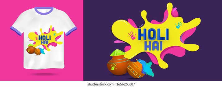 Indian Festival of Colours Holi Design with Happy Hain text means It's Holi, and design on t-shirt for presentation purpose. 