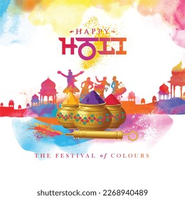  Indian festival of colours Holi greeting design concept with different elements.