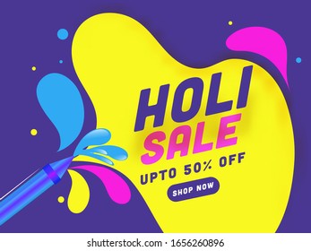 Indian Festival of Colours, Holi Sale Illustration with Color Splash Spreading from Colorsgun toy. 