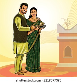 Indian festival couple illustration, happy gudi padwa indian festival, Happy Indian couple in traditional attire to celebrate festival of lights, Diwali.