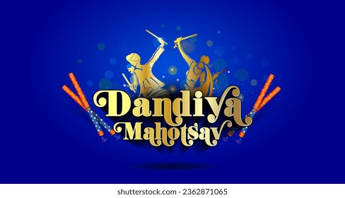 Indian festival Dandiya mahotsav or Navratri puja. 3D typography Dandiya Night mahotsav with Garba dance on blue background. svg