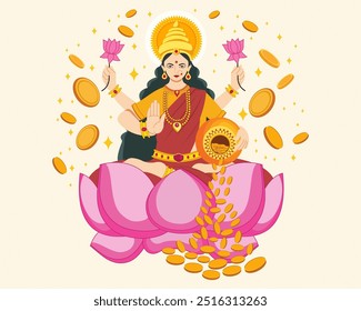 Festival indio dhanteras diosa Lakshmi laxmi maa con monedas de oro kalash pot feliz diwali