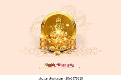 Indian festival Dhanteras puja worship of Goddess Lakshmi Laxmi and god dhanvantri golden coin and vintage background