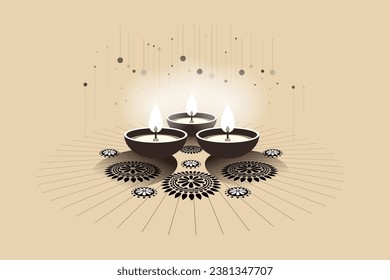 Indian festival Diwali background with diya and minimalistic rangoli elements.