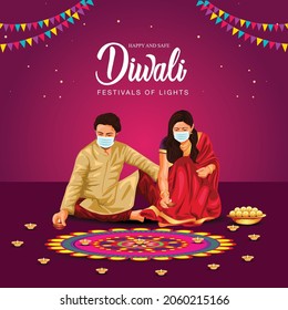 Festival indio de fondo de celebración del Diwali con decoración de Rangoli y Diya. diseño de ilustración vectorial. covid-19, concepto de virus de la corona