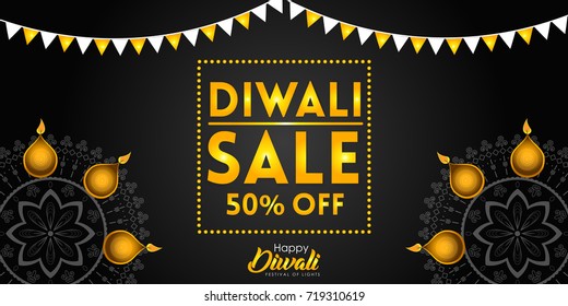 Indian festival diwali celebration vector illustration for banner, background and poster with creative festive elements. (Translation: Happy Diwali)