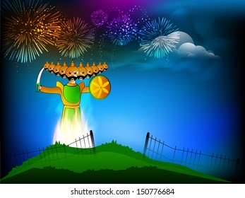 Indian festival Dussehra background with illustration of Ravana with his ten heads in fireworks night background. 