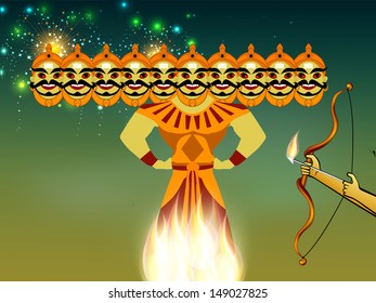 Indian festival Dussehra concept with illustration of Ravan with his ten heads in night background.