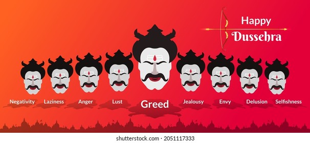 Indian festival Dussehra greeting with golden bow and arrow. Ravana heads denotes 10 evils of everyone. This dussehra destroy greed, lust, anger, negativity, envy and other evils in yourself.