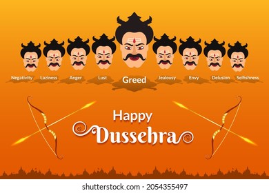 Indian festival Dussehra greeting with golden bow and arrow. Ravana 10 heads denotes 10 evils of everyone. This dussehra destroy greed, lust, anger and other evils in yourself.