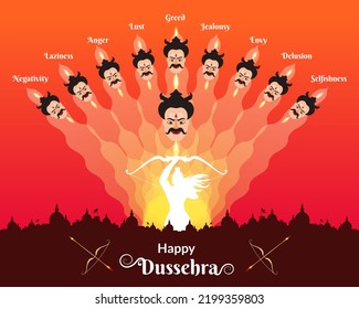 Indian festival Dussehra greeting with Ravana evil heads showing social evils.