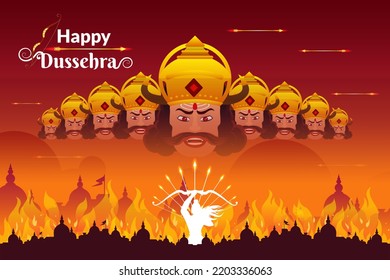 Indian festival Dussehra greeting with Ravana evil heads showing social evils.