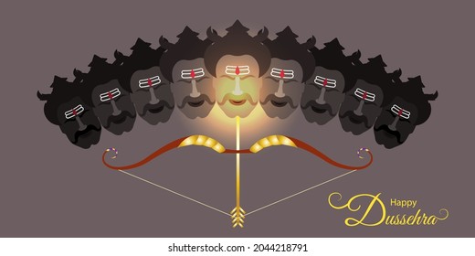 Indian festival Dussehra and Vijayadashmi greeting with golden bow and arrow. Decorative festive background with silhouette of Ravana.