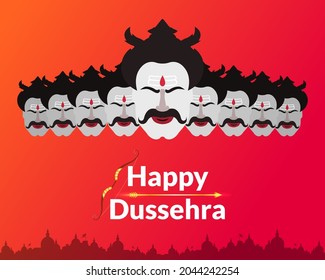 Indian festival Dussehra and Vijayadashmi greeting with golden bow and arrow. Decorative festive background with silhouette of Ravana.