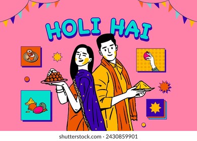 Indian festival elements with indian couple celebrating Holi festival vector editable hand-drawn illustration set design, Holi hai text in Hindi 