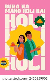 Indian festival elements with indian couple celebrating Holi festival vector editable hand-drawn illustration set design, Bura Na Mano Holi Hai means Happy Holi 