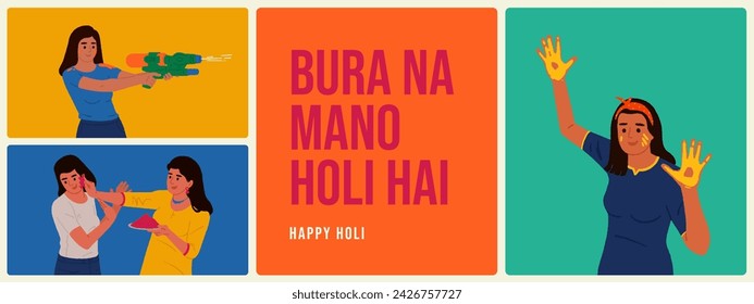 Indian festival elements with women celebrating Holi festival vector editable hand-drawn illustration set design,
Bura Na Mano Holi Hai means Happy Holi 