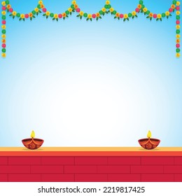 Indian festival floral reception decoration for Indian Hindu holiday or wedding home decoration with wall oil lamp with soft color background.