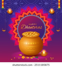 Indian festival happy dhanteras with decorative props, traditional festival background, Diwali celebration greeting card, vector illustration