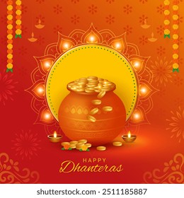 Dhanteras felizes festival indiano com adereços decorativos, fundo tradicional festival, cartão comemoração Diwali, ilustração vetorial