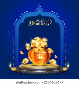 Festival indiano feliz Dhanteras. Moedas douradas pote exibir no pódio e diwali luzes decoração.