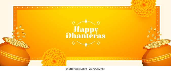 festival indio feliz dhanteras banner tradicional con vectores de maceta dorada. Traducción: Feliz Dhanteras, dhan significa riqueza teras significa trece