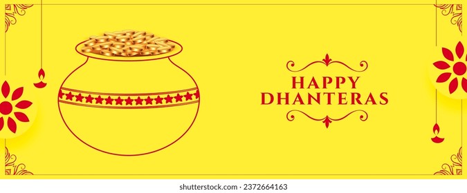 indian festival happy dhanteras wishes banner with kalasha and gold coin vector