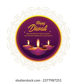 Indian festival Happy Diwali background with illuminated oil lamps (diyas) and mandala decoration. Holiday Background, Diwali celebration greeting card, diwali unit design, vector illustration.