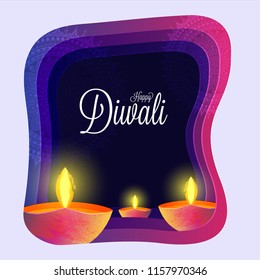 Indian Festival, Happy Diwali celebration greeting card design decorated with illuminated oil lamps (Diya) on paper layer cut background. 