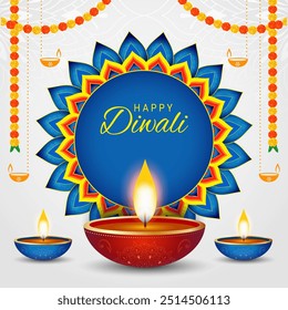 Festival indio feliz diwali con accesorios decorativos diwali, fondo tradicional diwali, tarjeta de felicitación de celebración Diwali, Ilustración vectorial