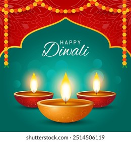 Festival indio feliz diwali con accesorios decorativos diwali, fondo tradicional diwali, tarjeta de felicitación de celebración Diwali, Ilustración vectorial