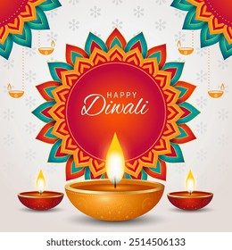 Indian festival happy diwali with decorative diwali props, diwali traditional background, Diwali celebration greeting card, vector illustration