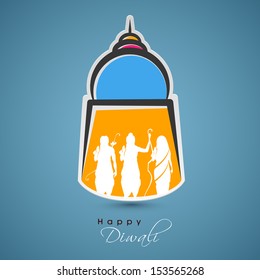 Indian festival Happy Diwali design on a decorative with white silhouette of Hindu mythology Lord Rama with his wife Goddess Sita and brother Laxman. 