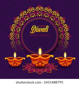 Indian festival Happy Diwali with Diwali diya, holiday Background, Diwali celebration greeting card, vector illustration.