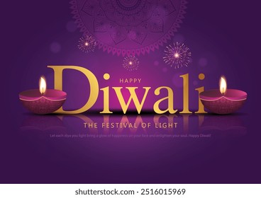 Festival indiano Happy Diwali com Diwali Diya, fundo de férias, cartão de saudação de celebração de Diwali.