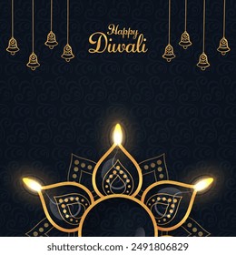 Indian festival Happy Diwali with Diwali gold diya lamps, holiday Background with Copy Space, Diwali celebration greeting card, vector illustration design