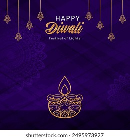 Indian festival Happy Diwali with Diwali gold diya lamps, holiday Background with Copy Space, Diwali celebration greeting card, vector illustration design